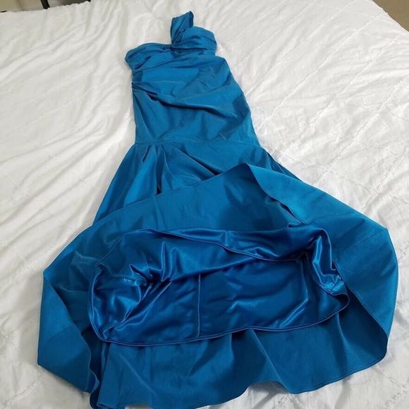 David Meister Formal Dress Ruched Teal Blue Size 2 Asymmetrical Ruched Long - Picture 7 of 14